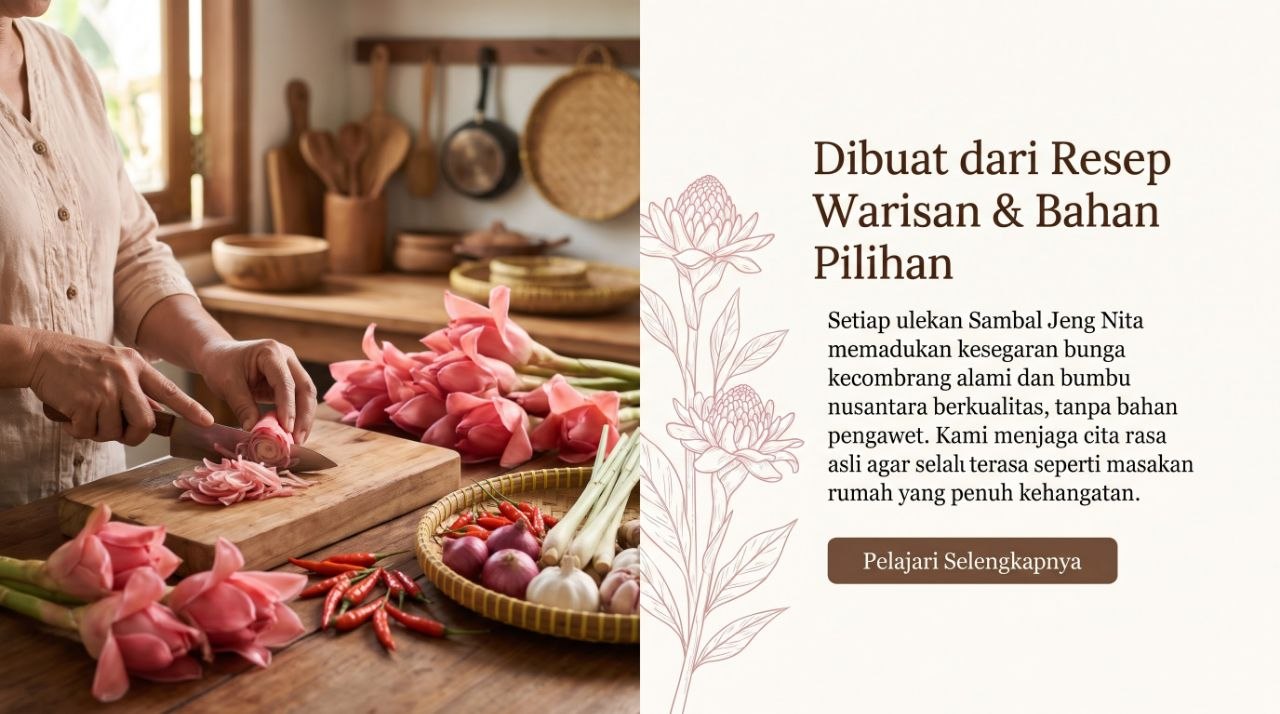 Proses mengiris bunga kecombrang segar di dapur rumah, dikelilingi cabai, bawang merah, bawang putih, dan serai
